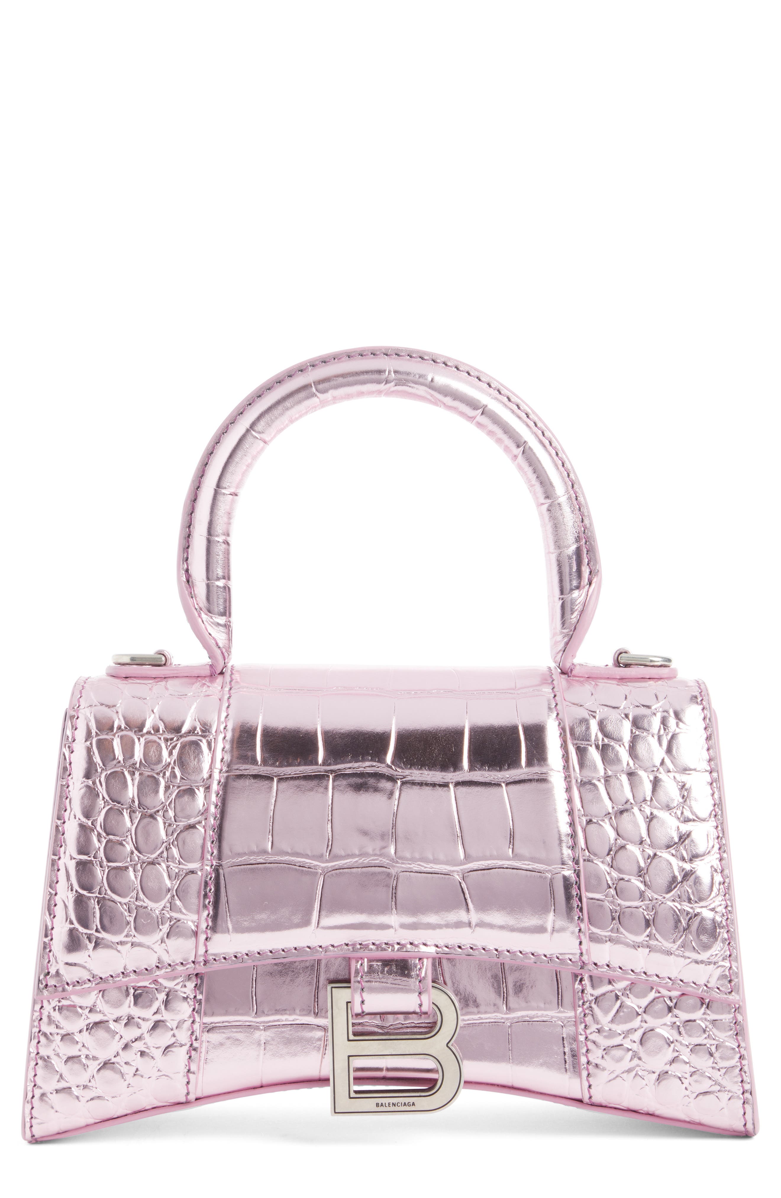 Balenciaga Extra Small Hourglass Metallic Leather Top Handle Bag in Pink at Nordstrom