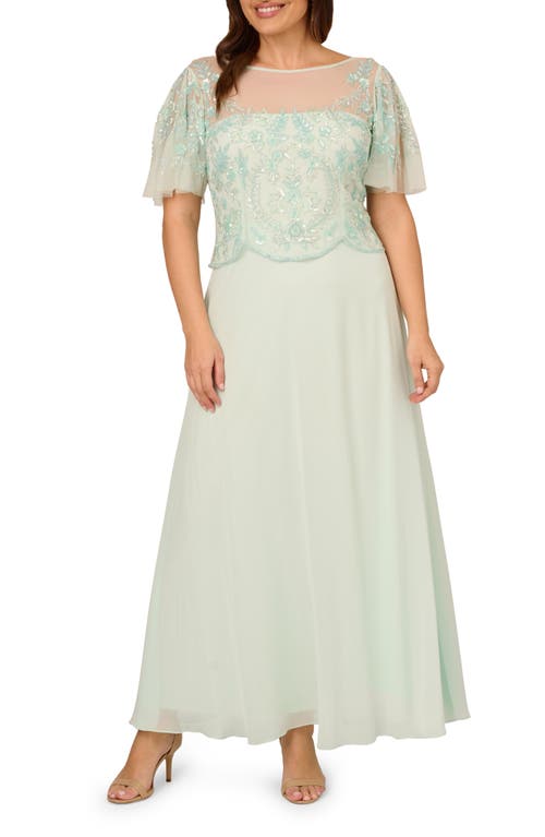 Adrianna Papell Beaded Flutter Sleeve Chiffon Gown Mint Glass at Nordstrom, W