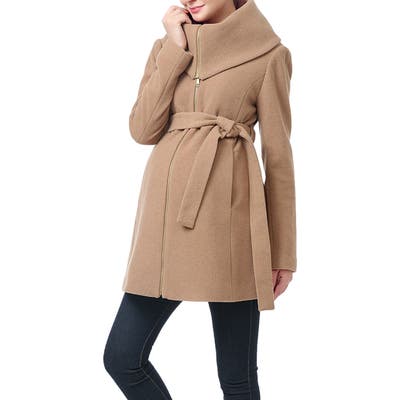 Kimi And Kai Mia High Collar Wool Blend Maternity Coat, Beige