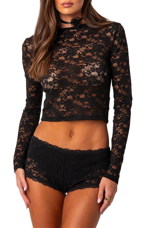 Women's Semi-Sheer Lace Crop Top - Long Sleeves and Turtleneck - Black