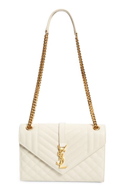 Golden Chain Shiny Calfskin Strap Lattice Shoulder Bag Diamond-Quilted Tote Bag, Ivory