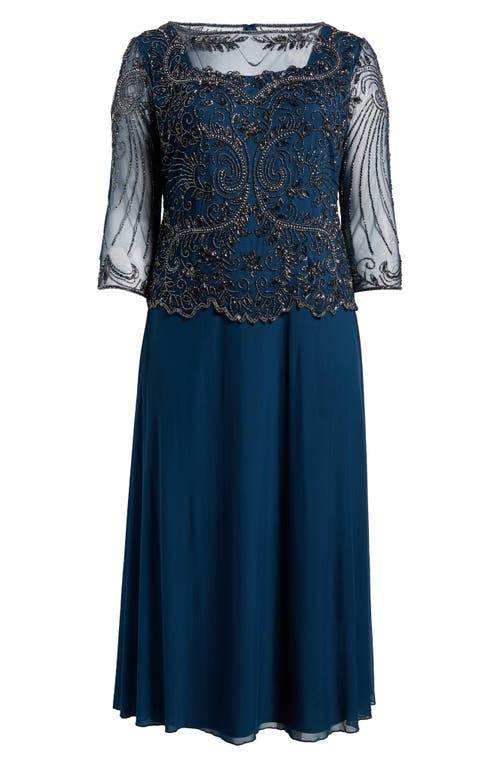 Pisarro Nights Beaded Mesh Mock Two-piece Gown In Sapphire