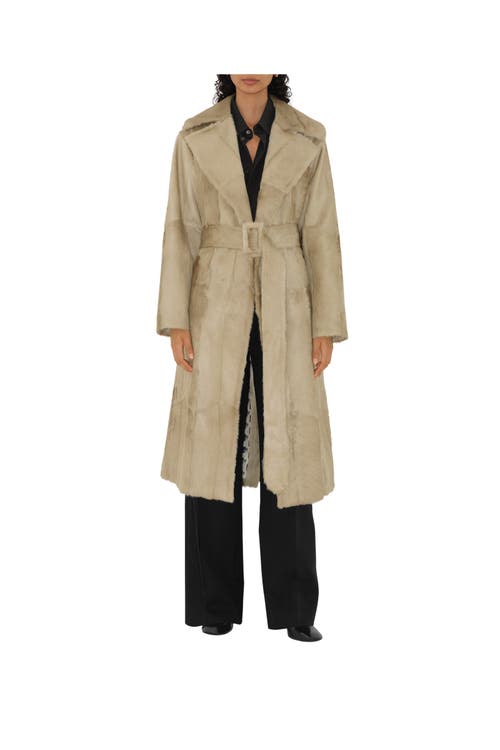 Burberry Belted Goat Shearling Trench Coat In Field