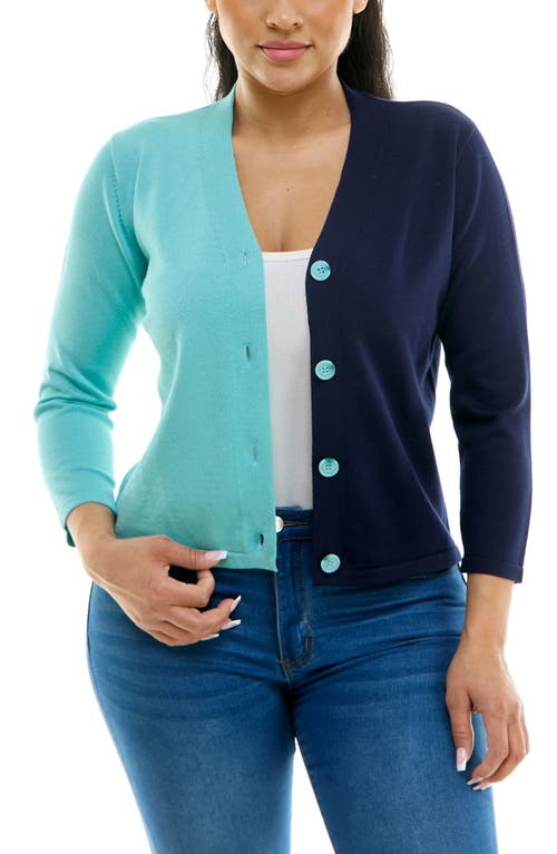 Shop Nina Leonard Colorblock V-neck Cardigan In Mint/navy