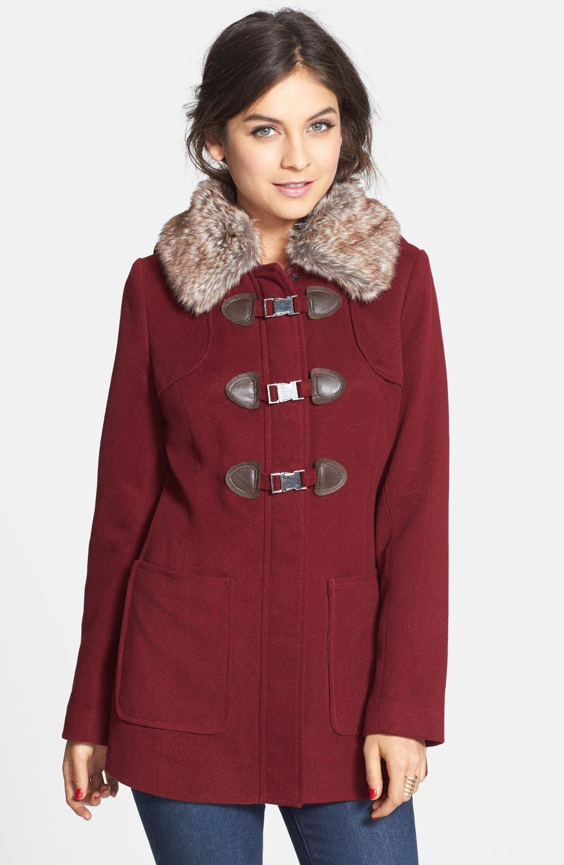 Coffee Shop Faux Fur Collar Toggle Coat (Juniors) (Online ...