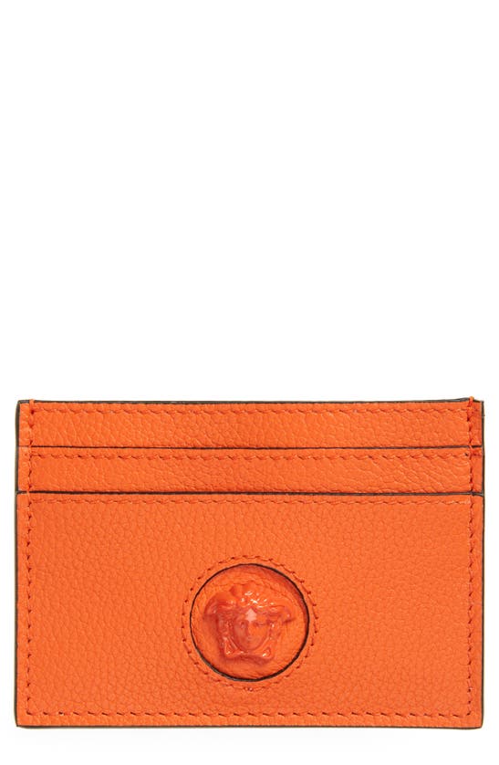 Versace Medusa Leather Card Case In Orange/  Gold