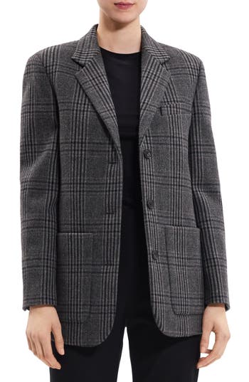 Theory Plaid Elbow Patch Recycled Wool Blend Jacket In Charcoal Multi - Qdy