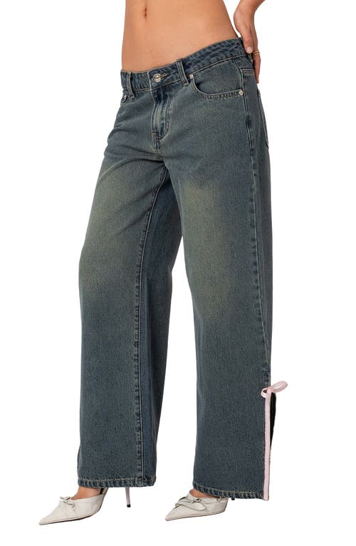 Edikted Bow Slit Hem Wide Leg Jeans In Blue-washed