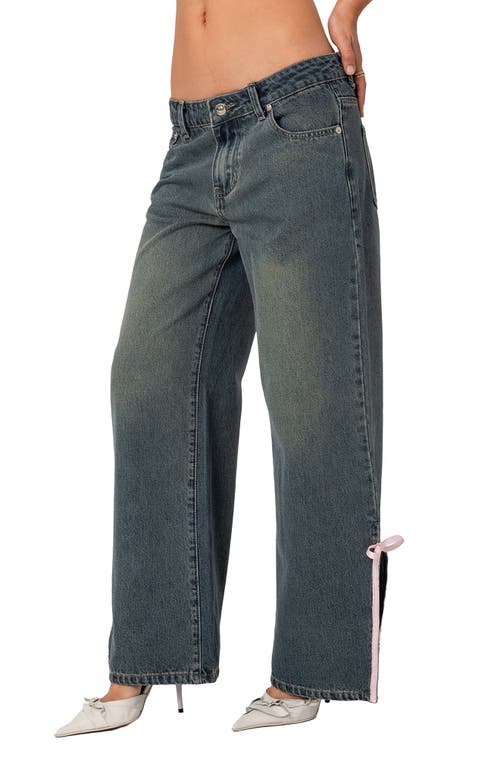 Shop Edikted Bow Slit Hem Wide Leg Jeans In Blue-washed