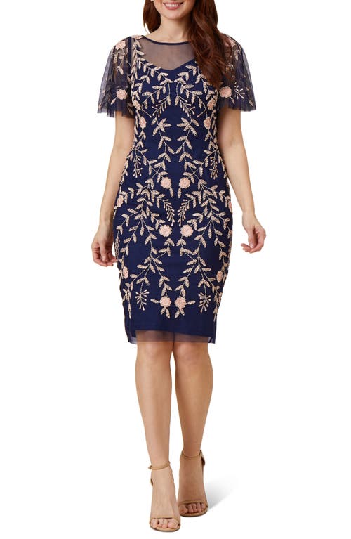 Adrianna Papell Floral Beaded Sheath Dress In Blue
