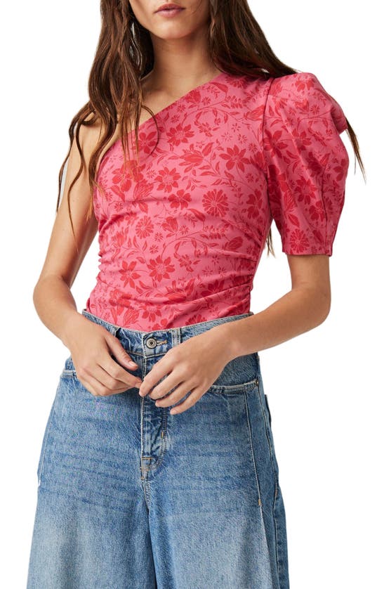 Free People One-shoulder Floral Print Bodysuit In Hot Pink Combo
