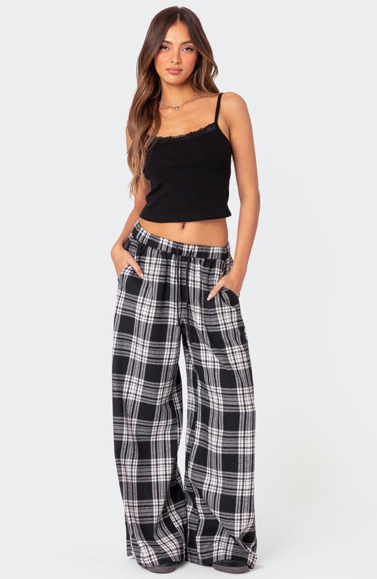 Shop Edikted Lounge Around Plaid Wide Leg Pants In Black-and-white