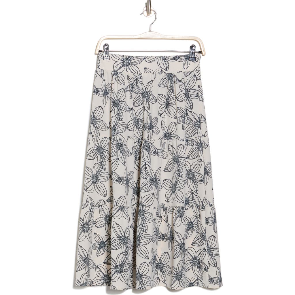 Renee C Floral Tiered Midi Skirt In Ivory/navy