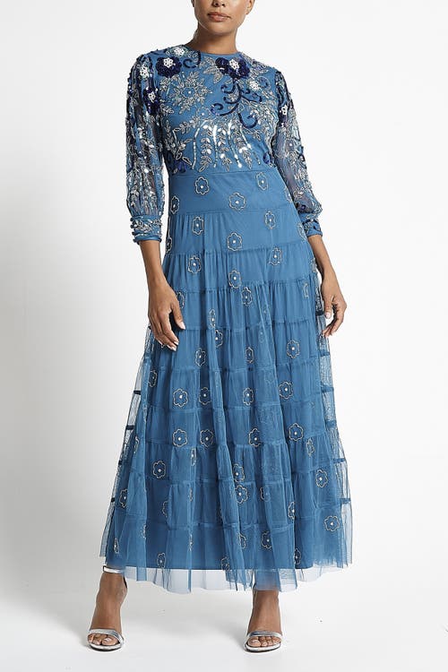 Shop Frock And Frill Long Sleeve Floral Embellished Gown In Majolica Blue