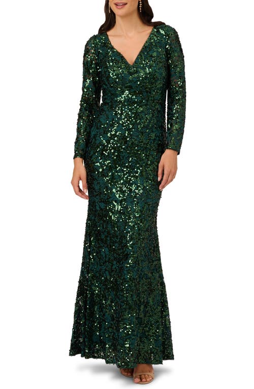 Adrianna Papell Sequin Lace Long Sleeve Gown in Hunter at Nordstrom, Size 4