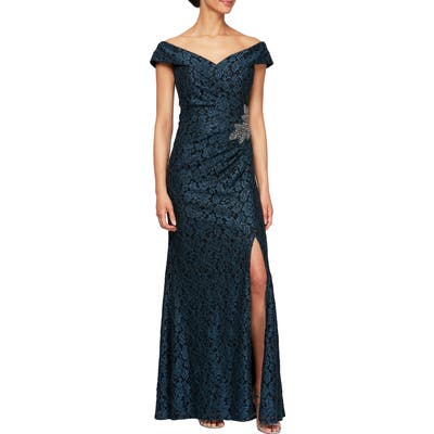 Petite Alex Evenings Off The Shoulder Beaded Gown, Black