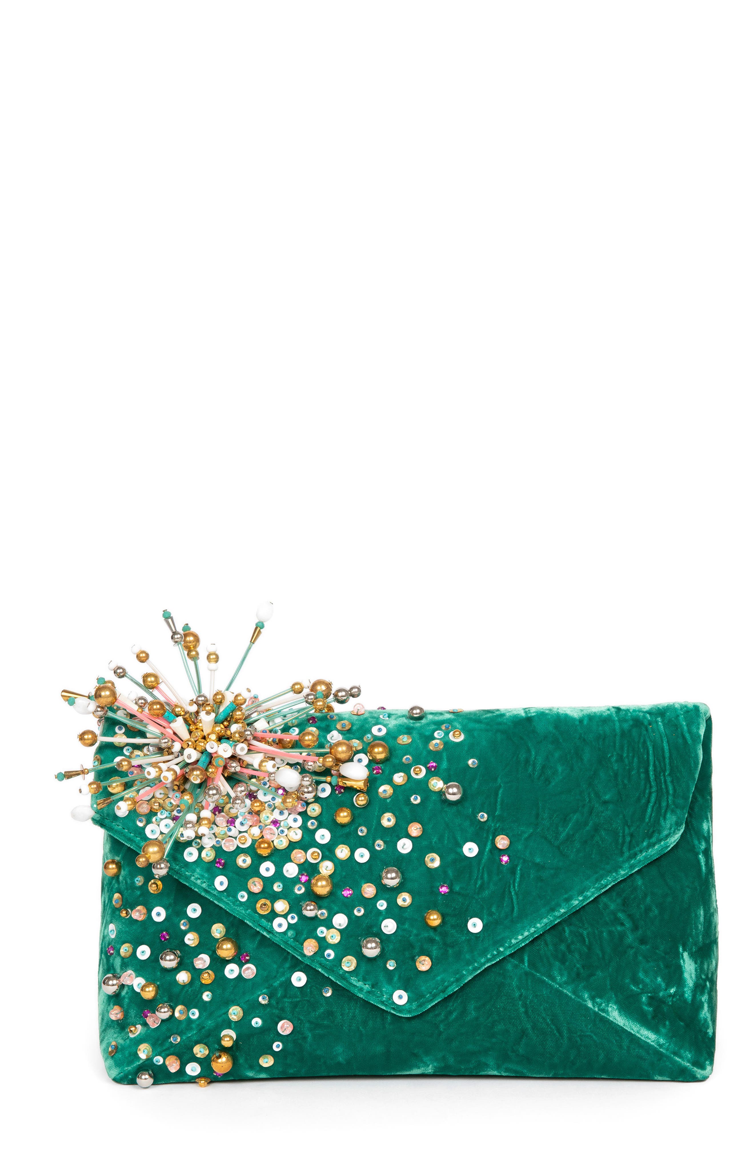 Dries Van Noten Bead Embellished Velvet Clutch in Emerald