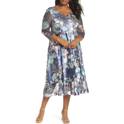 Plus Size Komarov Print Charmeuse & Chiffon A-Line Dress, Blue