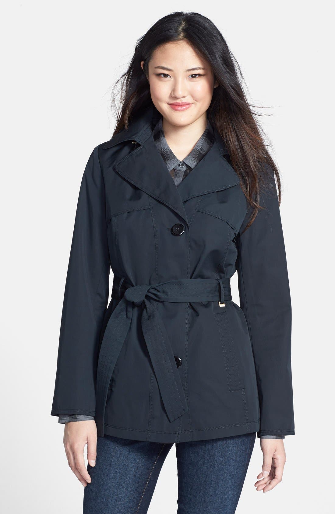 Ellen Tracy Belted Mini Trench Coat with Detachable Hood (Regular
