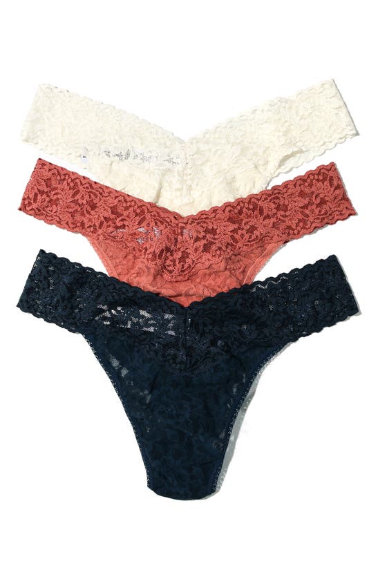 Shop Hanky Panky Assorted 3-pack Lace Original Rise Thongs In Ivory/himalayan Pink/nori