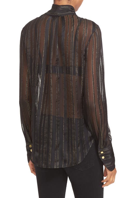 Shop Frame Tie Neck Metallic Stripe Silk Blouse In Noir Lurex Stripe