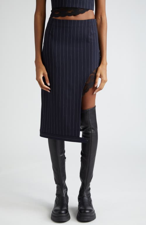 Deconstructed Pinstripe Lace Trim Wool Blend Pencil Skirt in Midnight