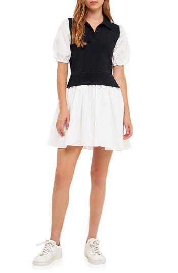 Shop English Factory Mix Media Fit & Flare Dress In Black/ivory