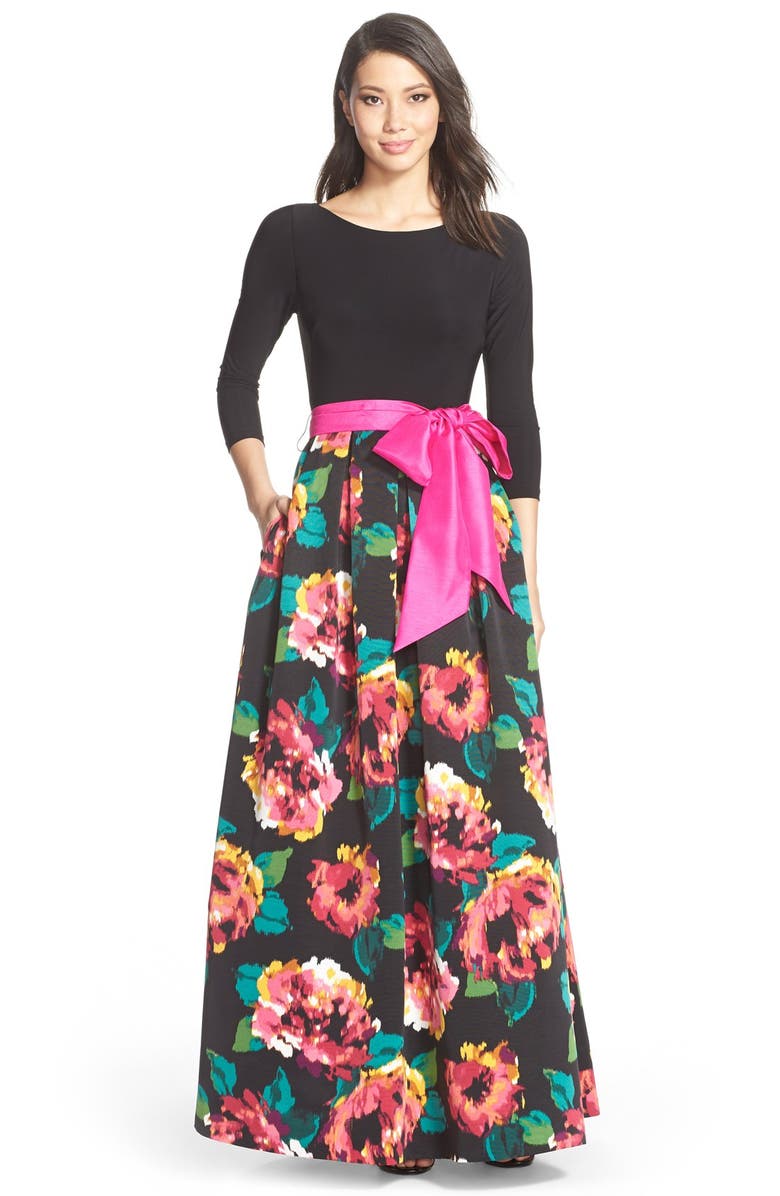 Eliza J Jersey & Floral Faille Gown | Nordstrom