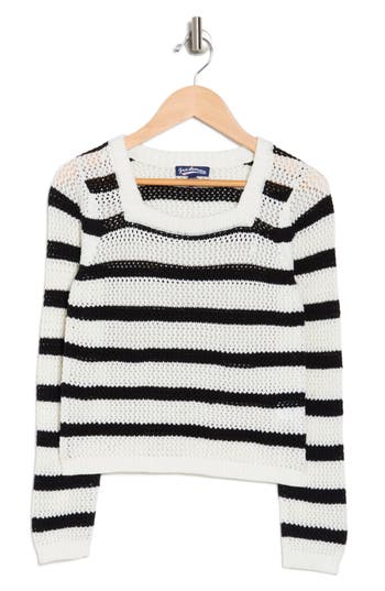 Freshman Kids' Square Neck Stripe Open Knit Sweater In Black/egret