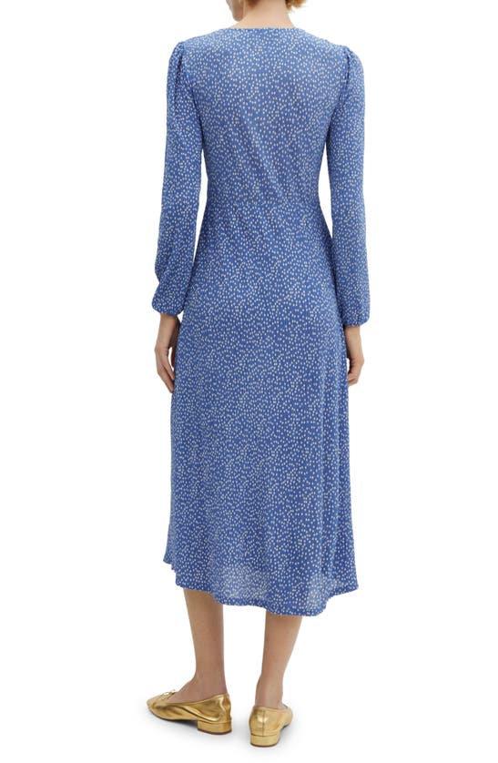 Mango Dot Split Neck Long Sleeve Dress In Blue