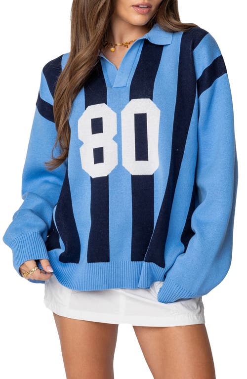 Shop Edikted Larson Stripe Oversize Graphic Polo Sweater In Blue-and-navy