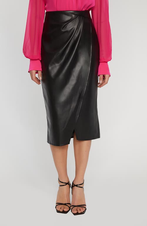 Elie Tahari Wrap Twist Front Faux Leather Midi Skirt in Noir 