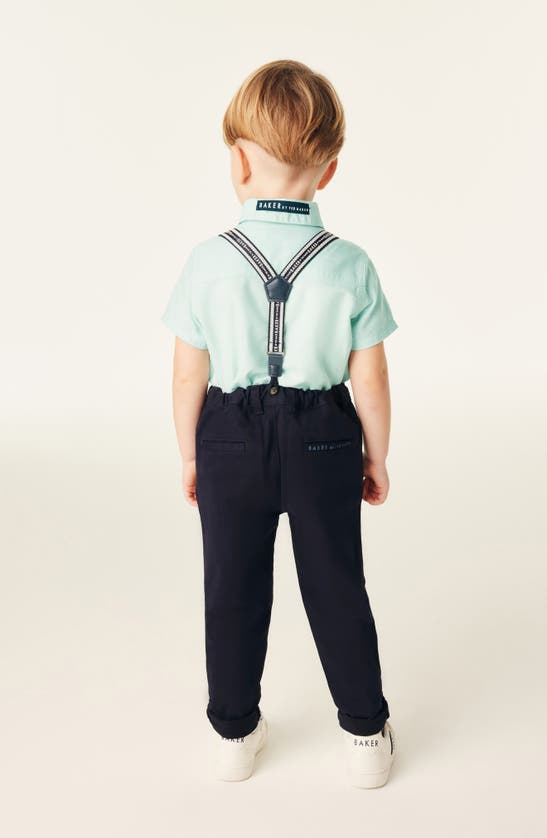 Shop Baker By Ted Baker Kids' Short Sleeve Button-up Shirt, Trousers & Suspenders Set In Green Multi