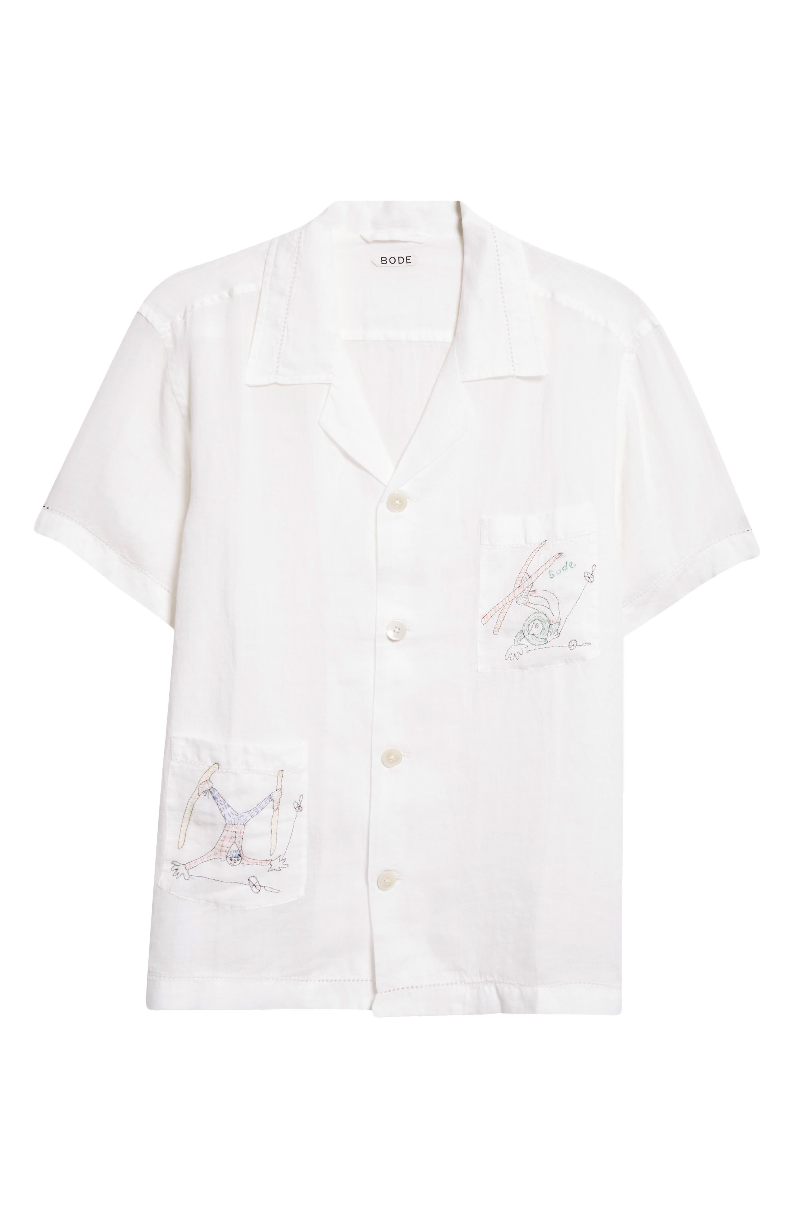 Bode Mens White Multi Skiers Graphic-embroidery Regular-fit Linen Shirt