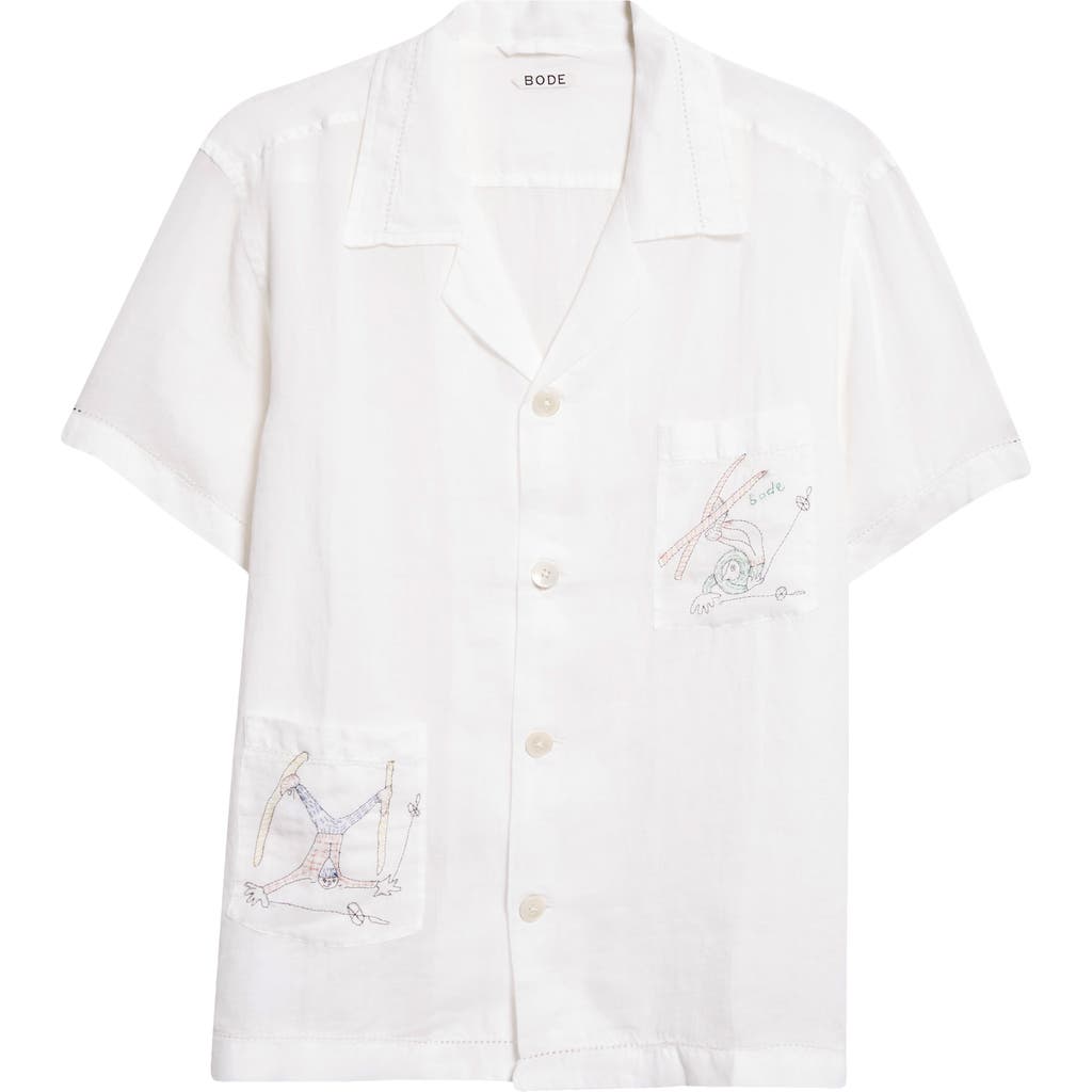 Bode Mens White Multi Skiers Graphic-embroidery Regular-fit Linen Shirt