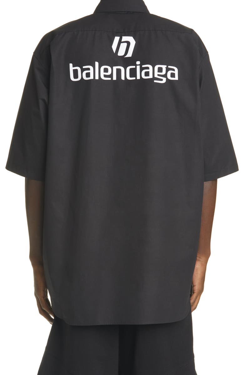 Balenciaga Sponsor Logo Poplin Short Sleeve Button-Down Shirt, Alternate, color, 