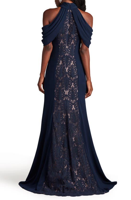 Shop Tadashi Shoji Lace Inset Cold-shoulder Gown In Navy/ Nude
