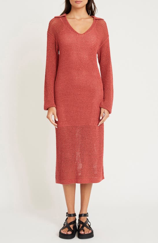 Shop Luxely Rowan Open Stitch Long Sleeve Sweater Dress In Dusty Cedar