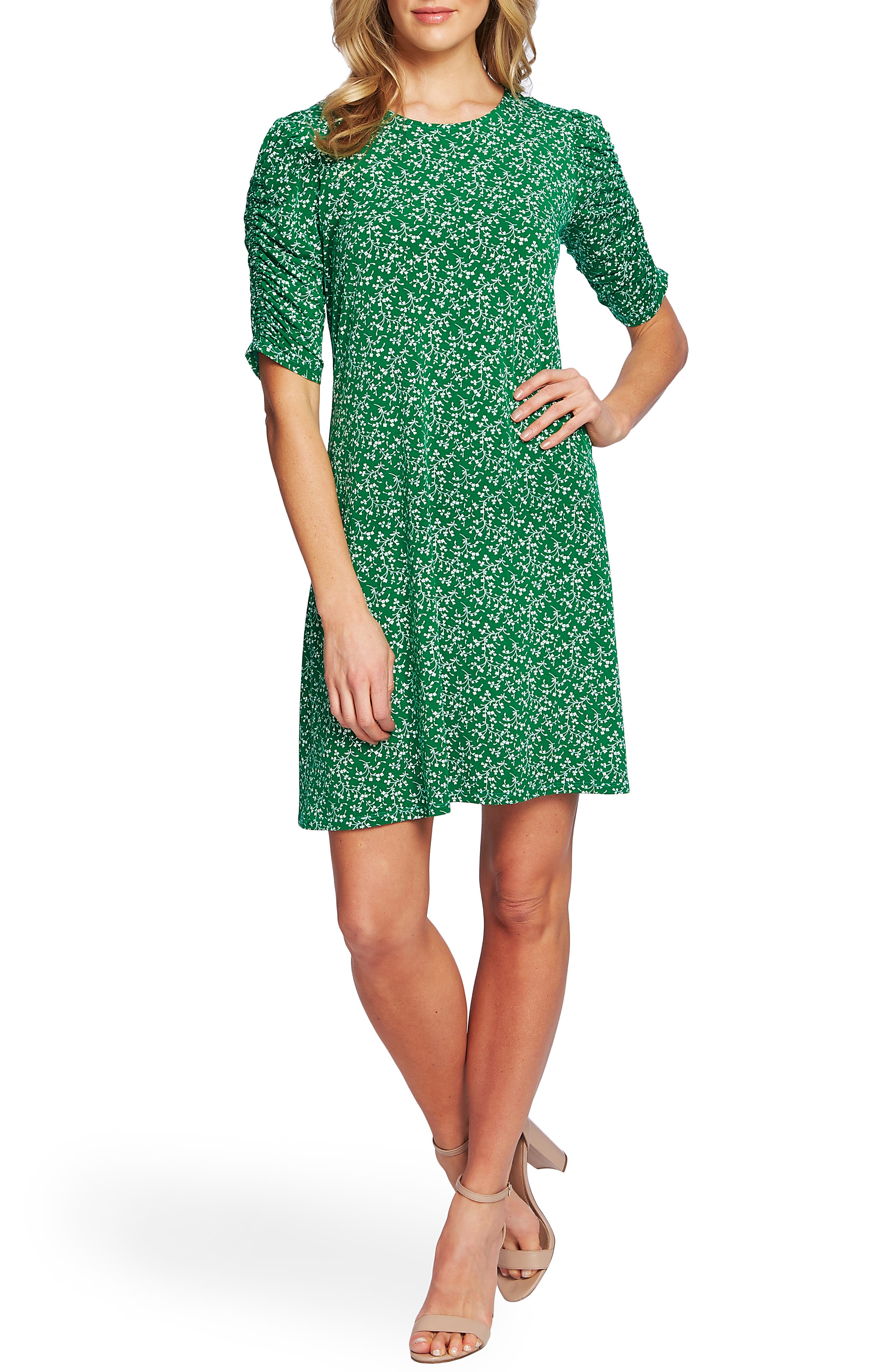 Cece Floral Ruched Sleeve Dress, Green