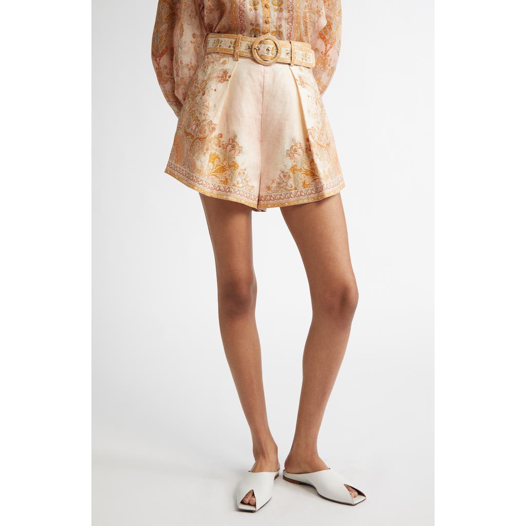 Shop Zimmermann Acacia Belted Linen Tuck Shorts In Cream/pink Multi