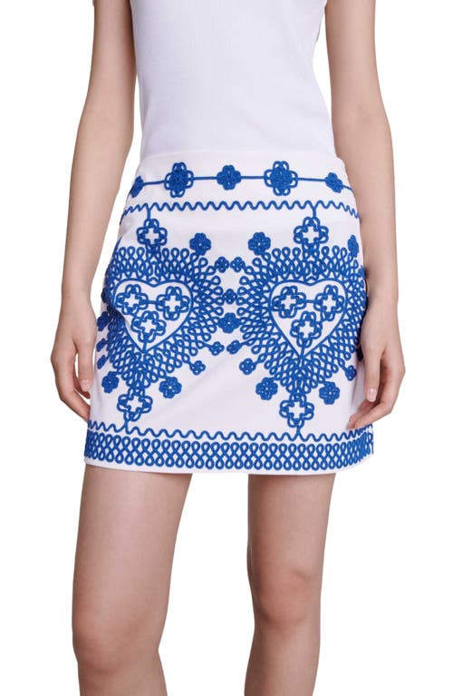 Shop Maje Jhodes Embroidered Cotton Miniskirt In White/blue