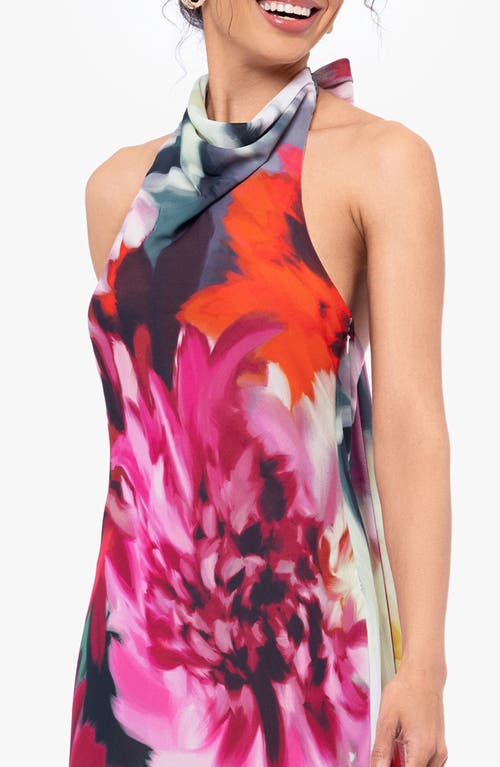 Betsy & Adam Floral Halter Gown In Fuchsia/blush