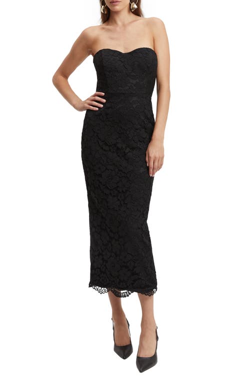 Kayleigh Strapless Lace Midi Dress in Black