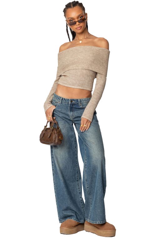 Shop Edikted Lili Rib Off The Shoulder Crop Sweater In Beige