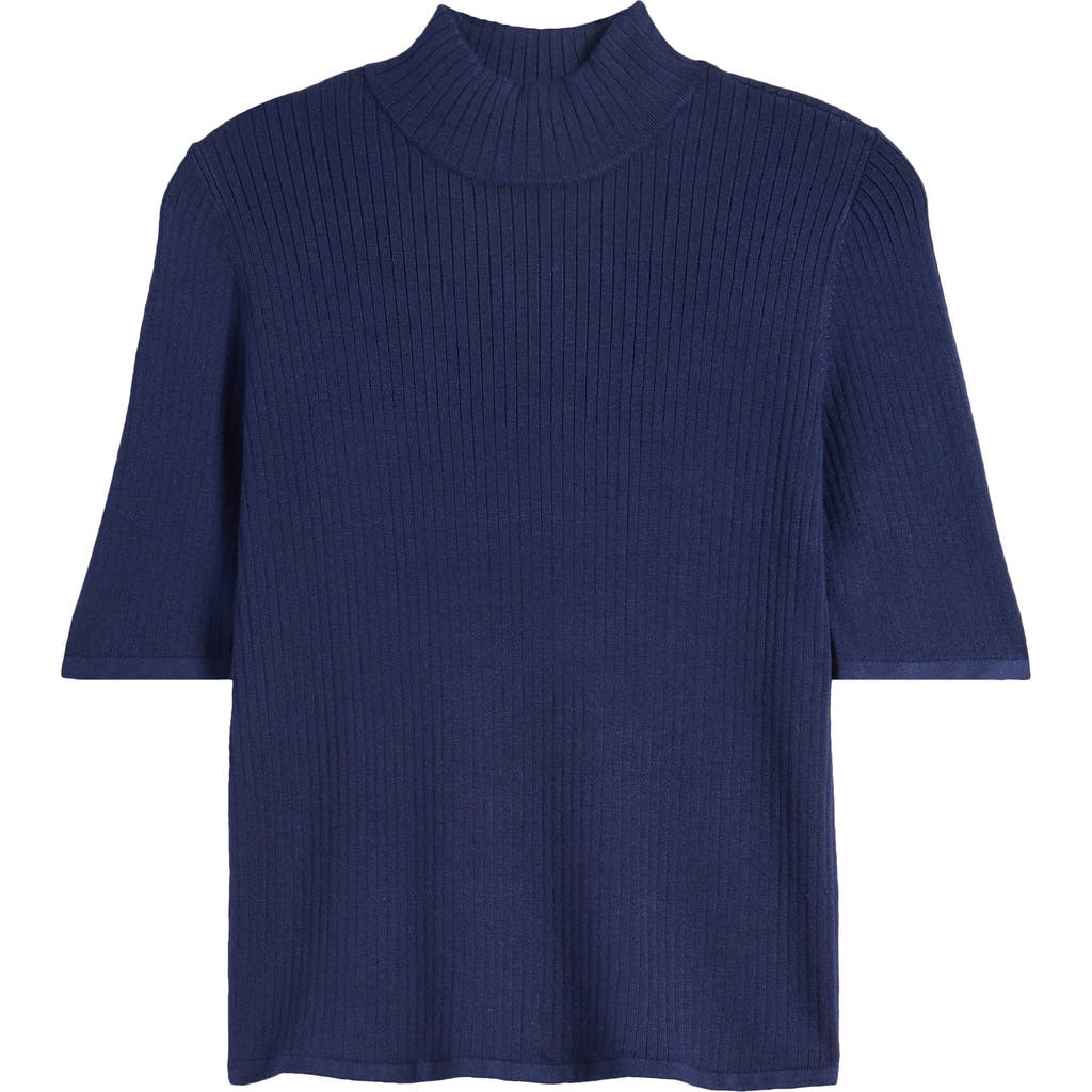 Halogenr Halogen(r) Short Sleeve Mock Neck Rib Sweater In Classic Navy