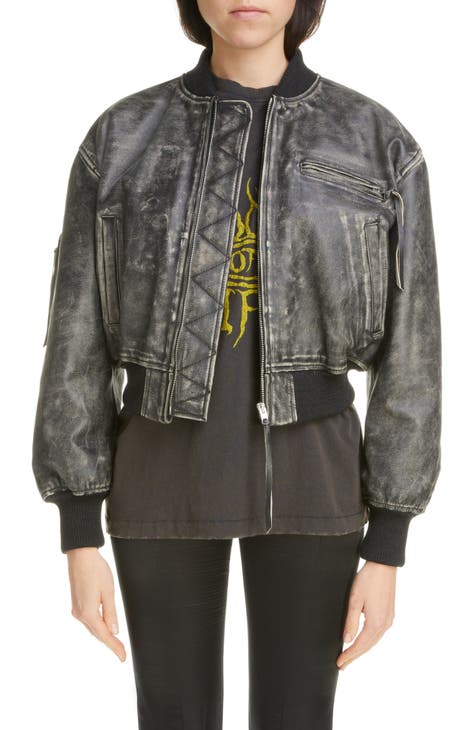 Cropped Leather Bomber Jacket in Grey - Acne Studios