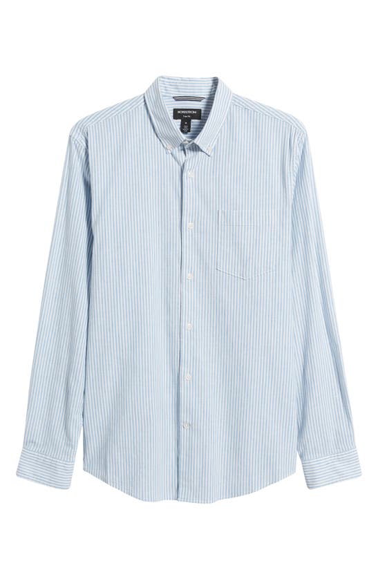 Shop Nordstrom Trim Fit Stripe Stretch Cotton & Linen Button-down Shirt In White- Blue Bengal Stripe