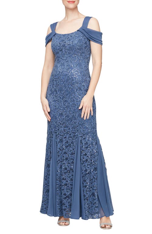 Alex Evenings Sequin Cold Shoulder Lace Gown in Wedgewood at Nordstrom, Size 6