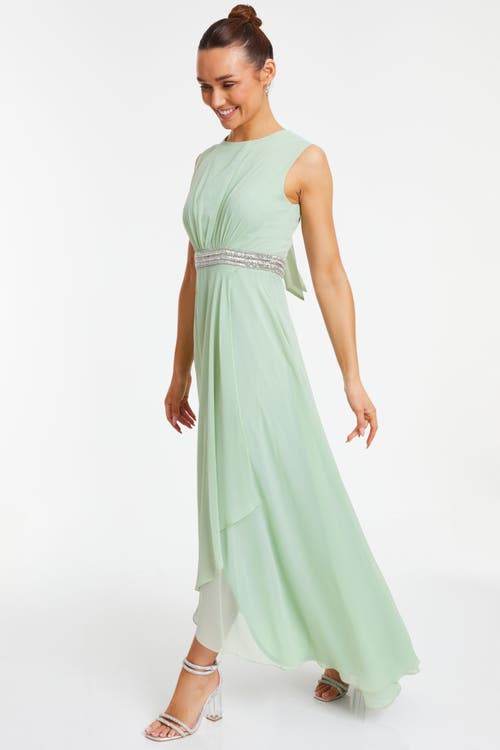 Quiz Chiffon Embellished Round Neck Evening Dress In Green