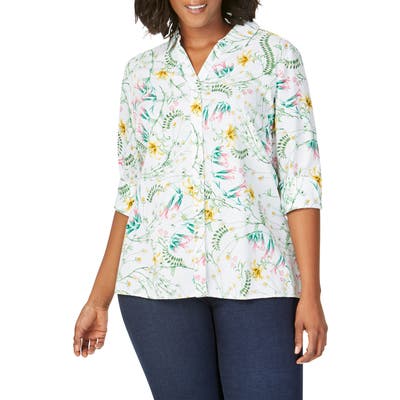 Plus Size Foxcroft Maria Botanical Shirt, White